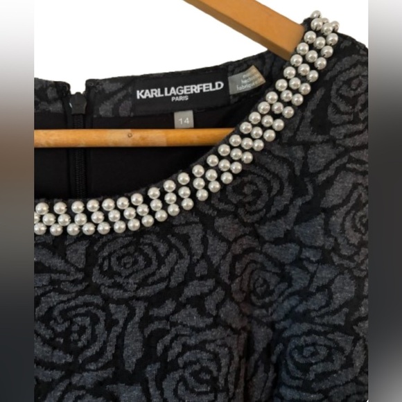 Karl Lagerfeld blk rose jacquard knt s/s pearl detail ft n flr drss SZ 14 luxury - Picture 7 of 11
